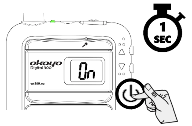Red power button on the right side of the Okayo WT-300D transmitter and receiver