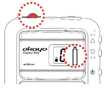 Battery charge icon and battery compartment position on Okayo WT-300D device illustrated