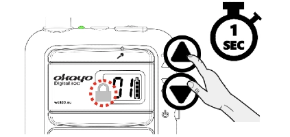 Hand pressing up and down buttons on Okayo WT-300D to unlock channel selection