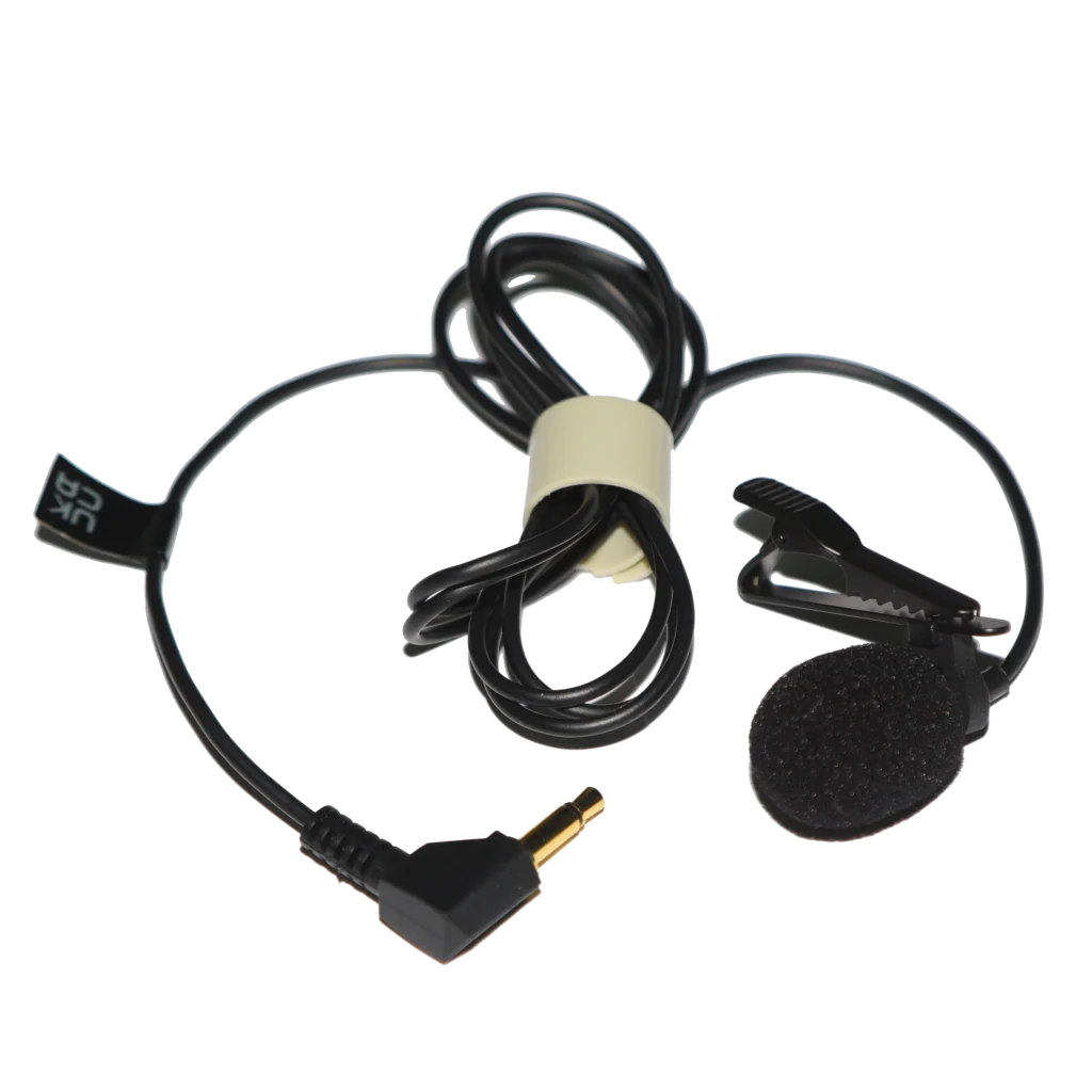 Clip-on lavalier microphone with foam windscreen and metal clothing clip for tour guide systems