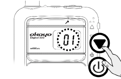 Illustrated instructions showing how to group Okayo WT-300D receivers with a transmitter