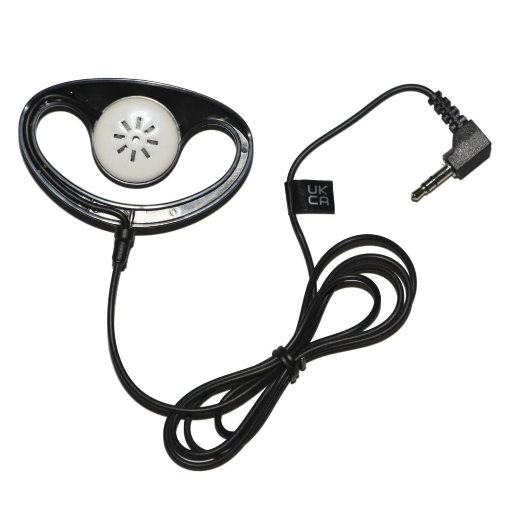 EM-305 reusable over-ear earphone with white speaker and 3.5mm jack plug