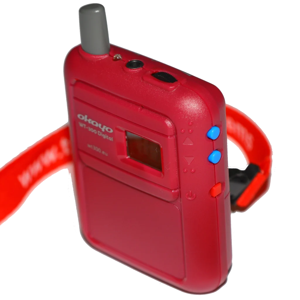 Okayo WT-300D digital tour guide receiver with headphone socket and red lanyard