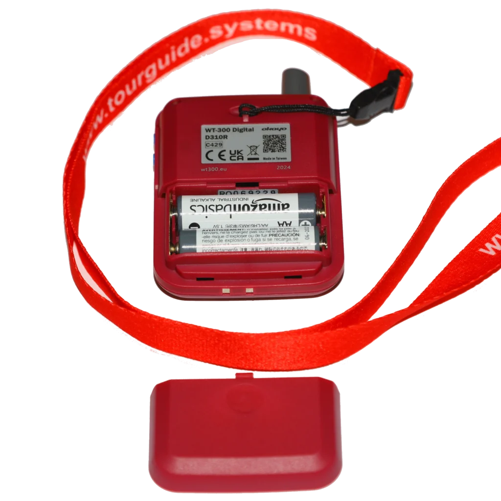 Back view of Okayo WT-300D receiver with open battery compartment and AA batteries installed