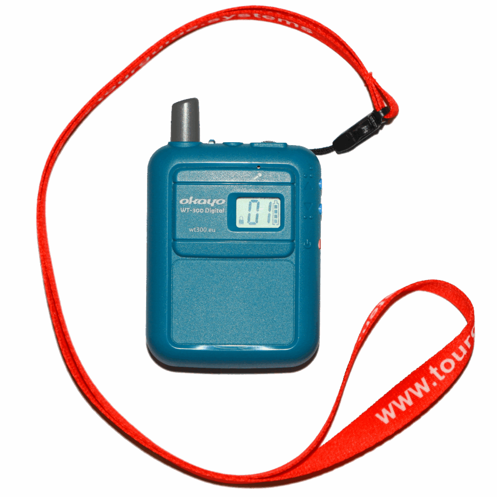 Okayo WT-300D digital tour guide transmitter with red lanyard on white background