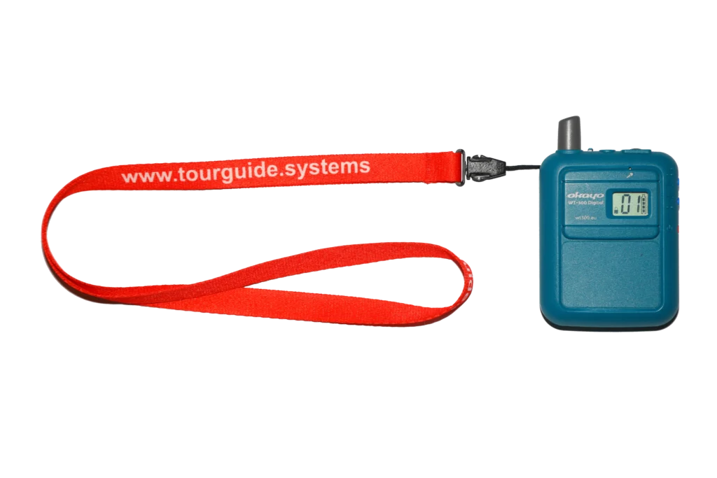 Okayo WT-300D tour guide transmitter with red branded lanyard fully extended