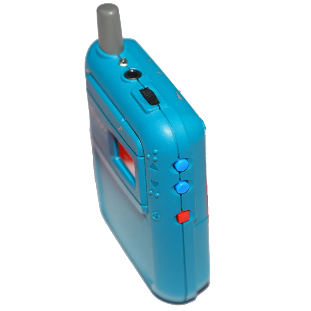 Side view of Okayo WT-300D transmitter showing blue channel buttons and red power button