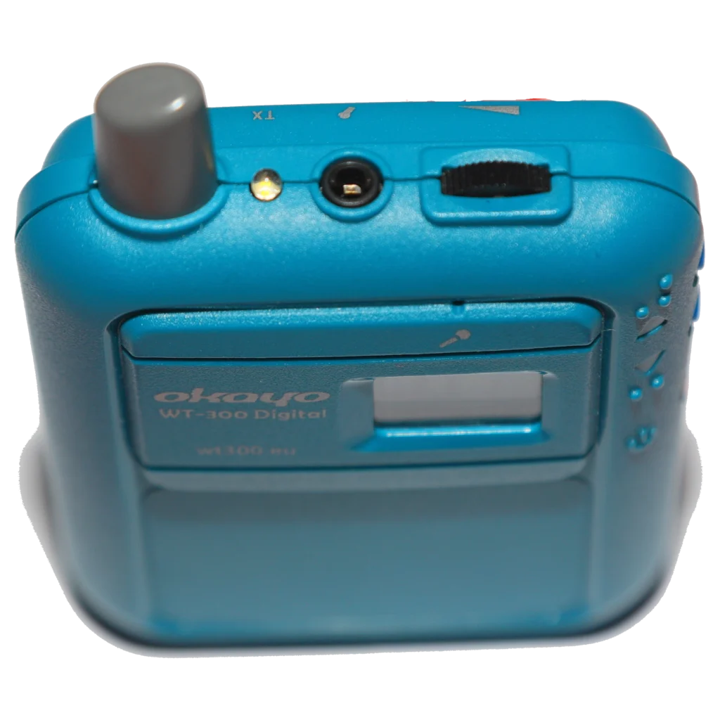 Top view of Okayo WT-300D transmitter showing LED indicator, microphone socket, and volume control wheel