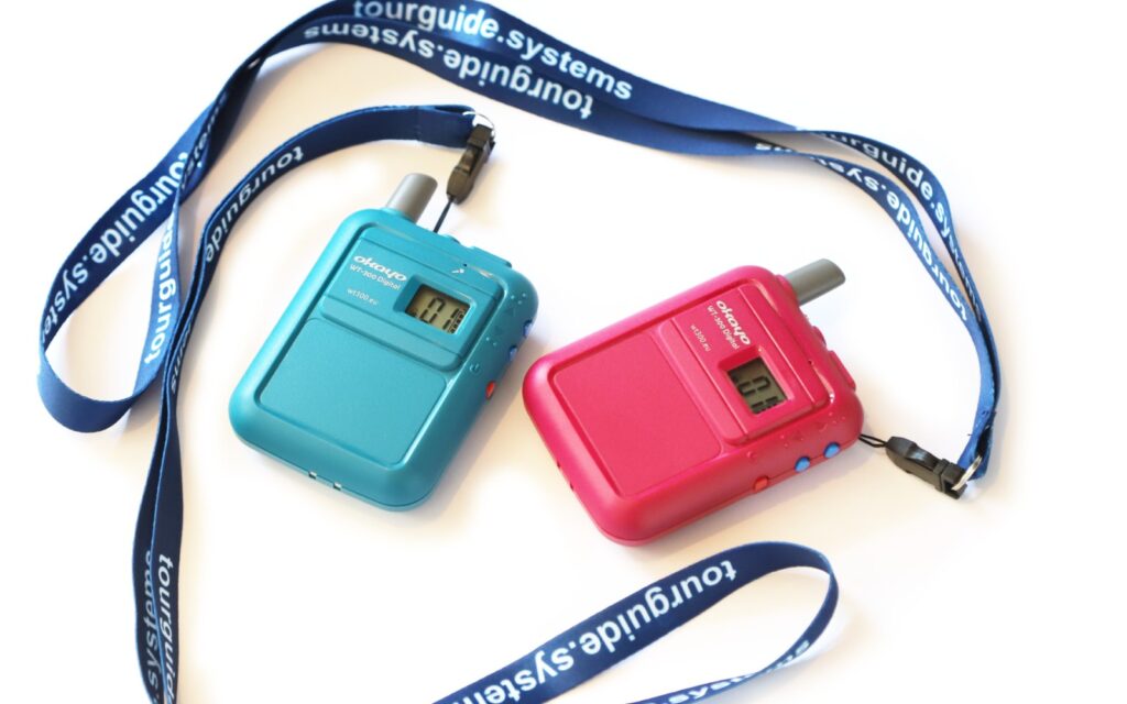 Wireless tour guide system receivers with tourguide.systems lanyards